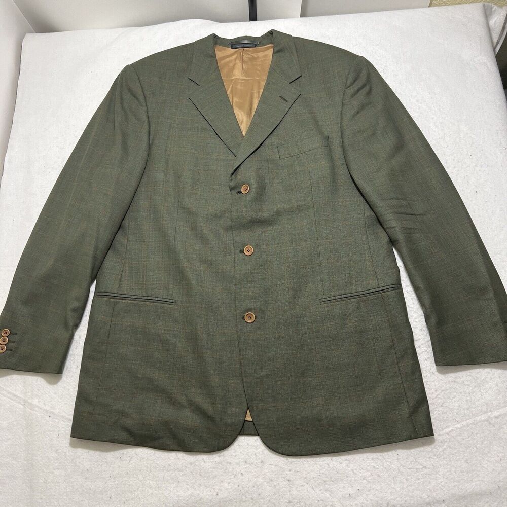 Cavelli Men's 46 Long 100% Wool Windowpane Green Suit Jacket Carlanda Italy